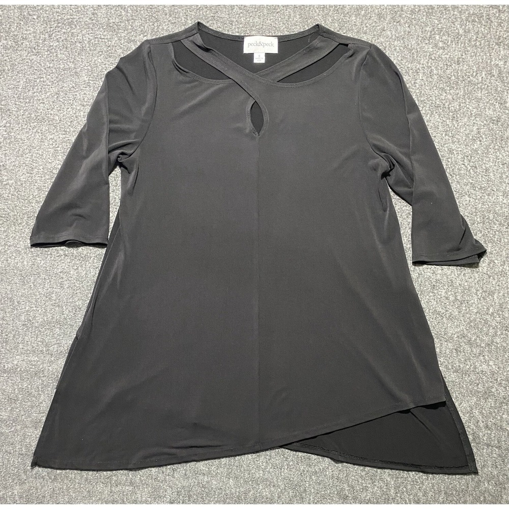 Peck & Peck Womens Black 3/4 Sleeve Keyhole Neck Asymmetrical Hem Top Size S